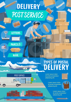 Post mail service postage office poster. Post shipping transport and postman in uniform at work. Vector mailman with parcels sorting packages and letter envelopes or mailboxes, air and land delivery
