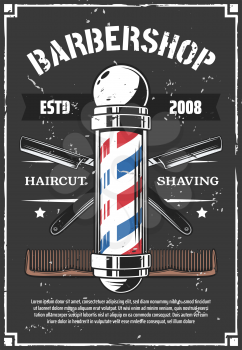 Barbershop retro poster with sharp old razor. Haircut and beard styling, shaving salon for men or hipsters. Male comb crest, hairstyle service, old-fashioned cutting tools instruments vector