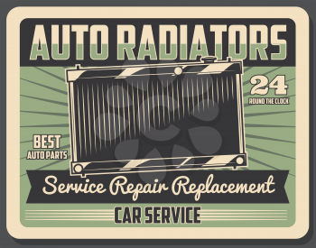 Car repair service and auto parts retro poster. Vector car diagnostics, spare parts fix of car engine on grunge backdrop. Automobile repairing garage station works round the clock, parts replacement