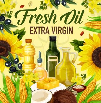 Natural oil made of sunflower seeds, olive and corn, peanuts and linseed, coconut and rapse. Vector extra virgin oils used in cosmetics, pharmaceuticals and soaps, for frying food and dressing salads