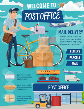 Post mail delivery office poster for postage logistics. Vector of postman or mailman with bicycle delivering letters, envelopes and parcels, air and train or truck transport vehicles for shipping