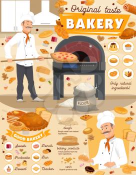 Bakery with bread and pastry products poster with baker putting pizza in stove. Sweets and pancakes, dessert and donut, bun and cracker, dough and corn, cheesecake and cupcake, croissant vector