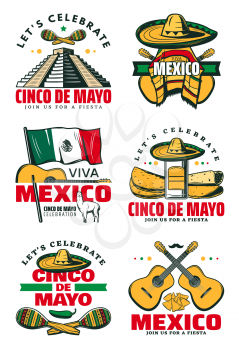 Mexican holiday symbol for Cinco de Mayo fiesta party design. Viva Mexico sketch set with sombrero hat, chili pepper and jalapeno, maracas, guitar and tequila, mexican flag, food and aztec pyramid