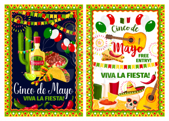 Mexican spring holiday invitation poster for Cinco de Mayo fiesta party template. Festive food, sombrero, chili pepper and jalapeno, maracas, tequila and cactus, guitar and Mexico flag banner design