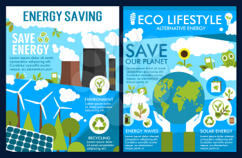 Energy saving and nature conservation ecology posters of planet pollution plants and green eco environment. Vector design for Earth Day and Save planet global nature protection