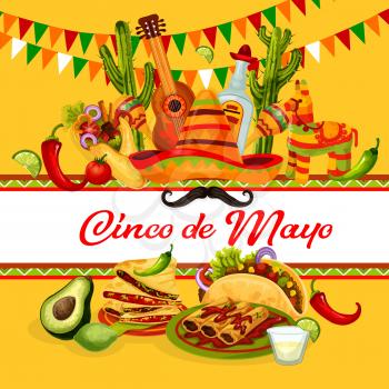 Cinco de Mayo mexican holiday greeting card with fiesta party food and drink. Latin American festival sombrero hat, maracas and guitar, chili pepper, jalapeno and avocado, cactus, tequila and pinata