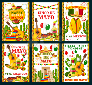 Cinco de Mayo Mexican holiday fiesta celebration greeting cards with traditional Mexico symbols. Vector Mexican flag, sombrero and poncho or tequila and cactus or jalapeno pepper for Cinco Mayo poster