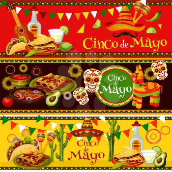 Cinco de Mayo fiesta celebration banners of tequila, jalapeno pepper or cactus and sombrero. Vector traditional penata, Cinco de Mayo Mexican holiday food burrito, tacos and avocado guacamole