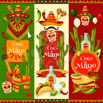 Cinco de Mayo greeting banner set of mexican holiday fiesta party design. Sombrero, maracas and spring festival skull, chili pepper, jalapeno and tequila, cactus, guitar and festive pinata invitation