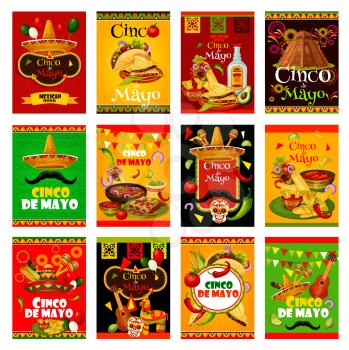 Cinco de Mayo greeting card set for mexican holiday design. Sombrero, maracas and guitar, fiesta party food and drink, chili pepper, jalapeno and tequila, Mexico flag, cactus and pinata festive banner