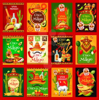 Cinco de Mayo Mexican holiday fiesta celebration posters. Vector Mexico flag, sombrero and poncho on mustaches, jalapeno pepper or tequila and avocado, guitar or maracas for Mexican Cinco De Mayo