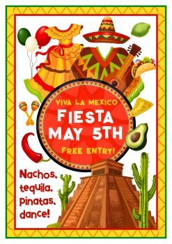 Mexican holiday fiesta party invitation banner template. Cinco de Mayo festival sombrero hat, maracas, chili and jalapeno pepper, cactus, guitar and aztec pyramid poster in ethnic ornament frame