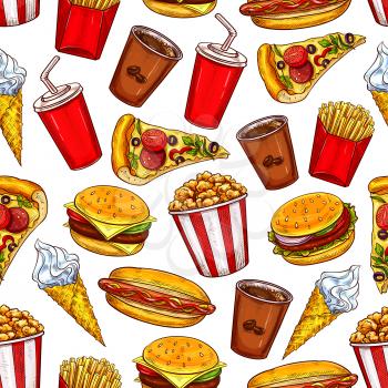 Fast food burgers, drinks and desserts vector seamless pattern background. Hamburger, hot dog and pizza, coffee, cheeseburger and soda, ice cream and popcorn. Takeaway snacks sketch backdrop