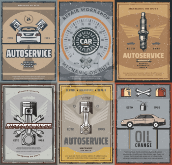 Car service, auto spare parts shop and repair workshop retro posters. Vector vintage design for transport engine, speedometer or sparks plug, oil change and mechanic service or garage station