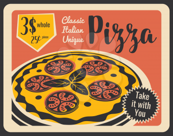 Pepperoni pizza, Italian pizzeria restaurant or bistro cafe menu and takeaway or delivery. Vector pizza with cheese, salami sausage or pepperoni and basil. Retro style