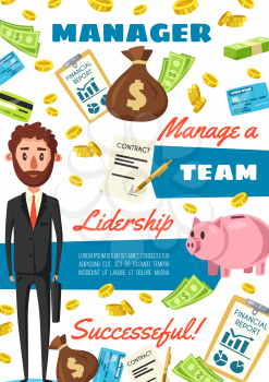 Business manager, clerk or financial director profession. Vector cartoon man in office suit with money in piggybank and on credit card, dollar investments success and financial report