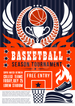 Basketball match season tournament announcement, sport game event. Vector basketball team or league championship design of ball, shoe, victory cup and wings on arena stadium