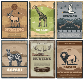 Hunting adventure of african safari. Vector vintage design of hunter rifles and bullets, elk antlers, giraffe or duck bird, zebra and lion