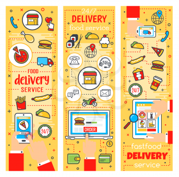 Fast food delivery service, online fastfood restaurant or cafe theme. Vector order delivery and purchase on computer or smartphone. Burgers, drink and dessert, pizza and sandwiches