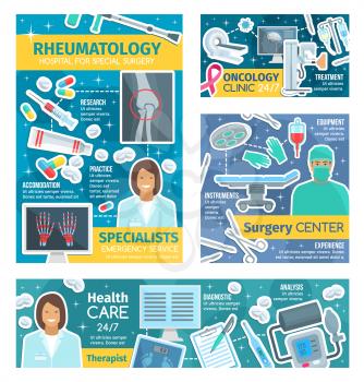 Rheumatology medical center, oncology clinic and surgery therapy medicine. Vector oncologist, surgeon or rheumatologist doctors with healthcare and treatment, syringe, scalpel or crutches and X-ray