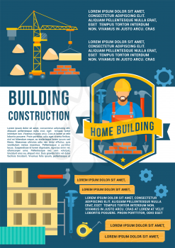 Building and house construction poster. Vector flat design of crane winch with concrete blocks and brickwork, builder in safety helmet with work tools hammer, ruler or wrench and cogwheels