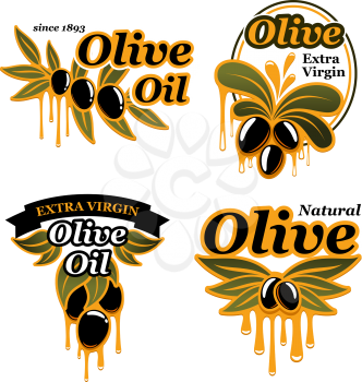 Olive oil and olives icons for cooking olive oil product. Vector isolated set of black and green branches with organic extra virgin oil drops for bottle label or package badge template