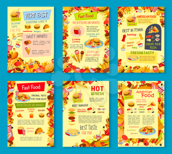 Fast food posters of burger, pizza and sandwich for fastfood restaurant or delivery design template. Vector combo cheeseburger, hamburger or hot dog and popcorn combo, ice cream and donut cake dessert