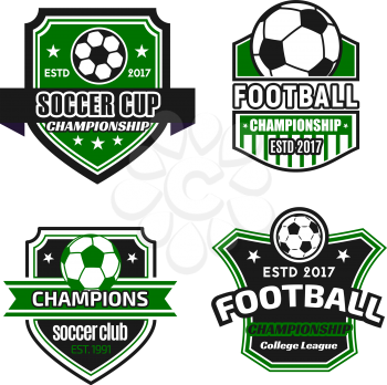 Soccer cup or football championship tournament icons templates. Vector isolated set of football ball, victory wreath or champion ribbon and stars on shield badge for soccer team or college league