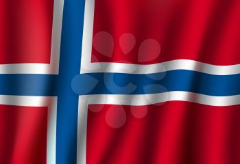 Norway flag 3D background. Norwegian republic European or Scandinavian country official national flag waving with vector curved fabric or waves texture in white and blue cross on red color