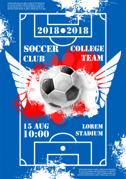 Soccer cup sport game poster for college team football tournament or university championship. Vector design of soccer ball with wings in goal gates in football playing field