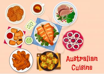 Australian cuisine traditional food icon with bbq chicken wings, beef steak, baked fish with vegetable, baked potato with herbs, lamb pie, meringue berry cake pavlova and oatmeal cookie