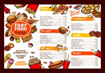 Fast food restaurant menu template. Lunch dishes and drinks list with prices and burger, pizza, hot dog, soda, fries, coffee, donut, taco, sandwich and ice cream sketches for folding brochure design