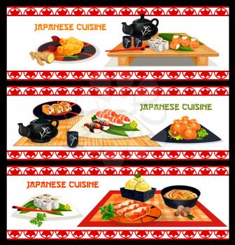 Japanese seafood dishes banner set. Sushi roll with salmon, nigiri sushi with tuna and shrimp, noodle soup with pork, seafood dumpling, tempura prawn, meat pie, sweet fruit roll, green tea ice cream