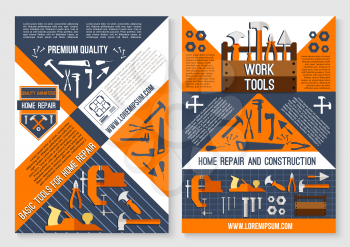 Work tool for home repair and construction poster template. Repair instrument and equipment banner set with screwdriver, hammer, spanner, pliers, wrench, axe, saw, trowel, jack plane and tool box