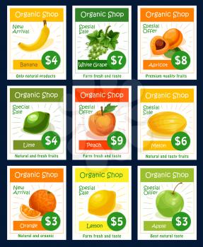 Fruit tag, organic shop label set. Farm fresh fruit special offer card with green apple, orange, lemon, banana, peach, grape, lime, melon, apricot and sale price. Farm market and grocery store design