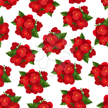 Red flower with leaf floral seamless pattern background. Blooming branches of begonia flowers with green leaf. Floral pattern for textile print, greeting card backdrop and wallpaper design
