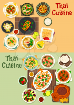 Thai cuisine healthy food icon set with chicken and fish curry, coconut rice, spring roll, meat vegetable salad, mushroom soup, chicken noodle with tofu cheese, fruit ice cream and pumpkin dessert
