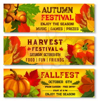 Autumn harvest festival banners for live music fest or October seasonal fall outdoor picnic event. Vector design set of autumn maple, oak acorn and rowan leaves or rowanberry and pumpkin