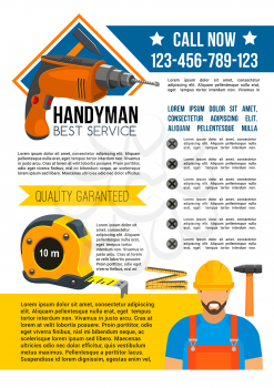 Handyman and house repair service design. Repairman in uniform and helmet with hammer, drill and tape measure poster for home renovation and construction industry themes design