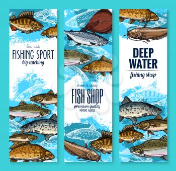 fishing and seafood banners set. Salmon, tuna and sea bass, perch, trout, carp, herring, catfish, flounder and sprat fish for fishing sport club poster, fish market label and food packaging design