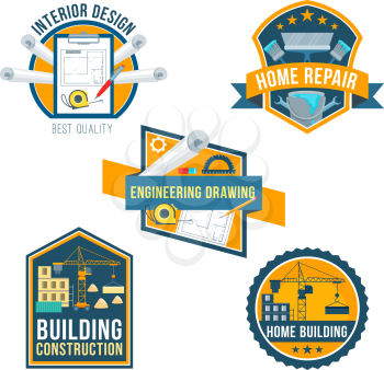 Building construction, home repair and interior design icons set. Construction site, engineering drawing, paint, brush, spanner, work tool symbols with ribbon banner for architecture business design