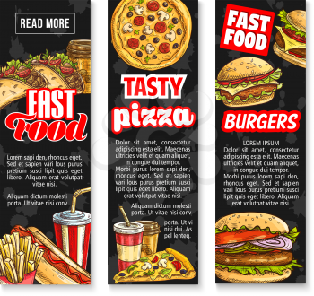 Fast food takeaway lunch with drink banner templates. Hamburger, burger, hot dog sandwich, pizza, fries, soda, coffee, taco, cheeseburger for fast food restaurant menu or delivery flyer design