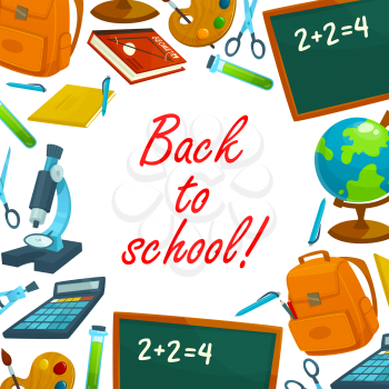 Back to school background poster. School book, notebook, pencil and pen, globe, blackboard, scissors and backpack, paint, brush, calculator and compasses, microscope banner for education design