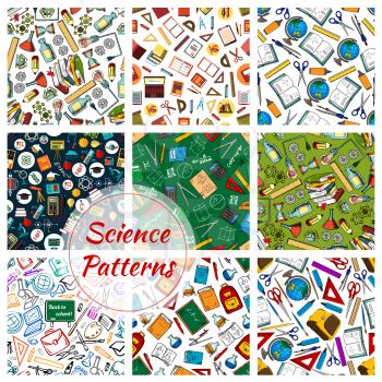 Science and education seamless pattern of supplies, book, pencil and chemistry laboratory research, atom, molecule, physics experiment and test, formula and microscope, DNA and globe, calculator
