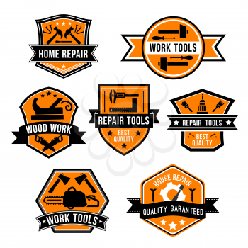 Work tool symbols and icons. Hammer, screwdriver, paint brush, drill, saw, axe, jack plane, screw and nails on orange shield with ribbon banner and star. Hardware tool for home repair design