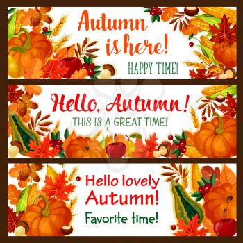 Hello Autumn banner set of fall nature season. Autumn leaf, pumpkin and corn vegetable, apple fruit, forest mushroom, acorn and cranberry border with yellow and orange foliage for fall harvest design