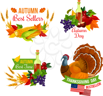 Thanksgiving Day sale icon set of autumn season holiday. Fall leaf with autumn harvest corn vegetable, apple, grape and pear fruit, wheat and turkey bird with ribbon banner for emblem and card design