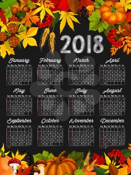 Autumn harvest calendar chalkboard template. Fall season leaf, pumpkin vegetable, orange and yellow foliage, forest mushroom, acorn and berry chalk sketch on blackboard for 2018 year calendar design