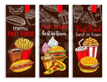 Fast food menu banners templates set for fastfood restaurant or cafe. Vector sandwiches of cheeseburger or burger and hot dog, coffee or soda drinks and pizza, ice cream and donut cookie desserts