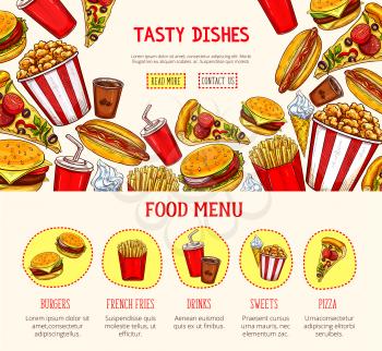 Fast food restaurant landing or web page template. Vector menu design of fastfood burgers, hot dog sandwiches and cheeseburger or ice cream and donut cookie dessert, pizza and coffee or soda drinks